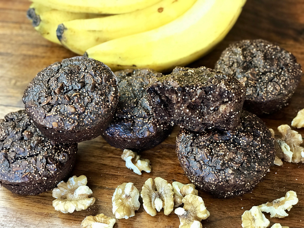 Chocolatey Banana Oatmeal Muffins with bananas and walnuts