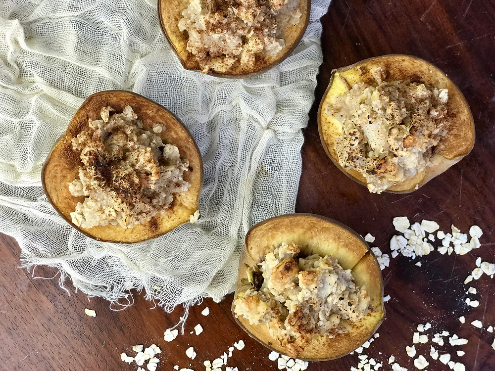 Baked peach halves topped with golden oat crisp, fresh and caramelized